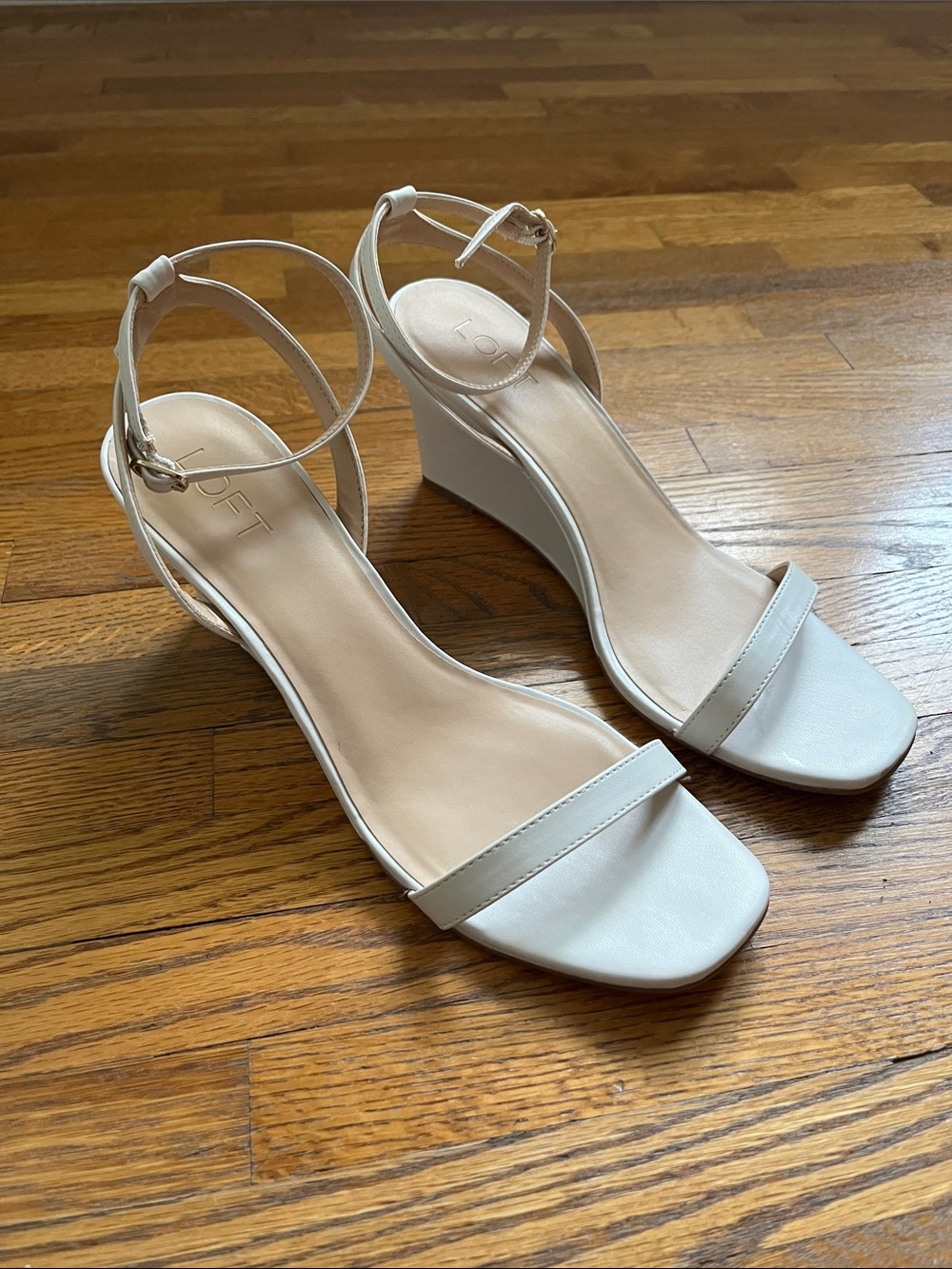LOFT Cream Ankle-Strap Wedge Sandals